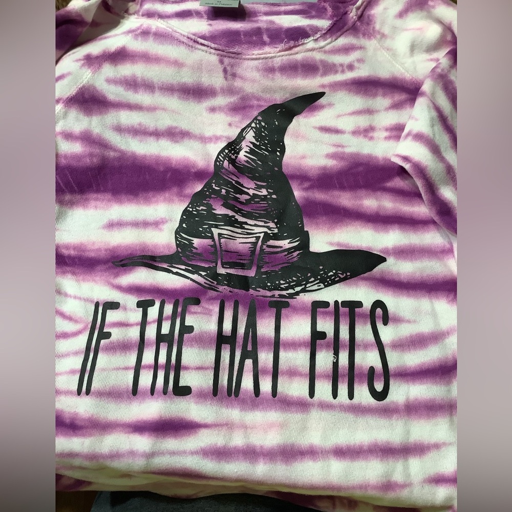 MV Sport Lavender & White tie dye wide shoulder top. “If the hat fits” witch top
